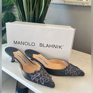 Manolo Blahnik Patricia floral appliqué slider kitten heels